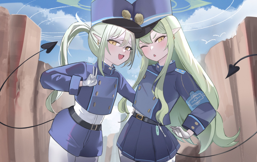 2girls, absurdres, armband, belt, black_belt, black_tail, blue_archive, blue_armband