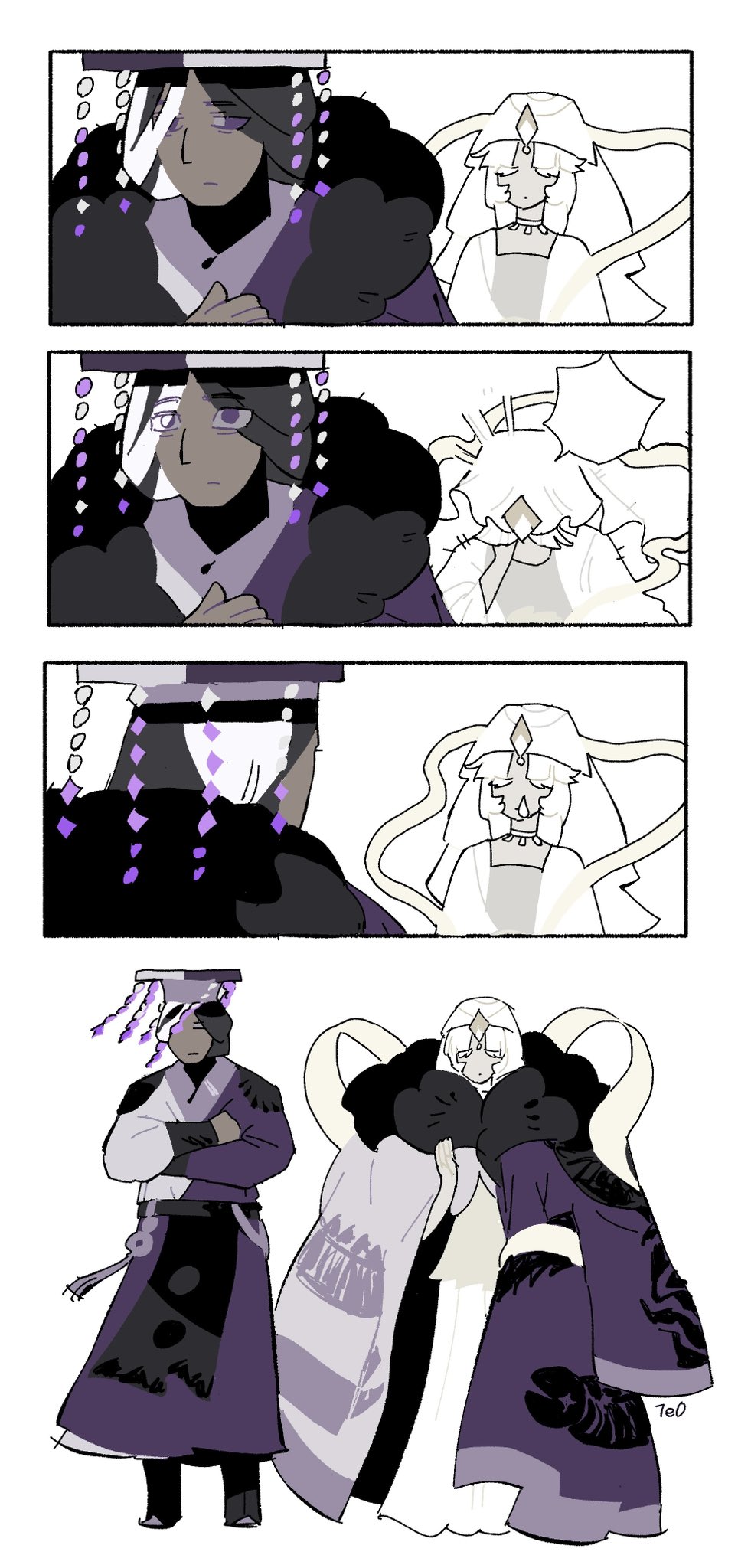 1boy, 1girl, black_hair, chinese_clothes, closed_eyes, coat, colored_skin, cookie_run