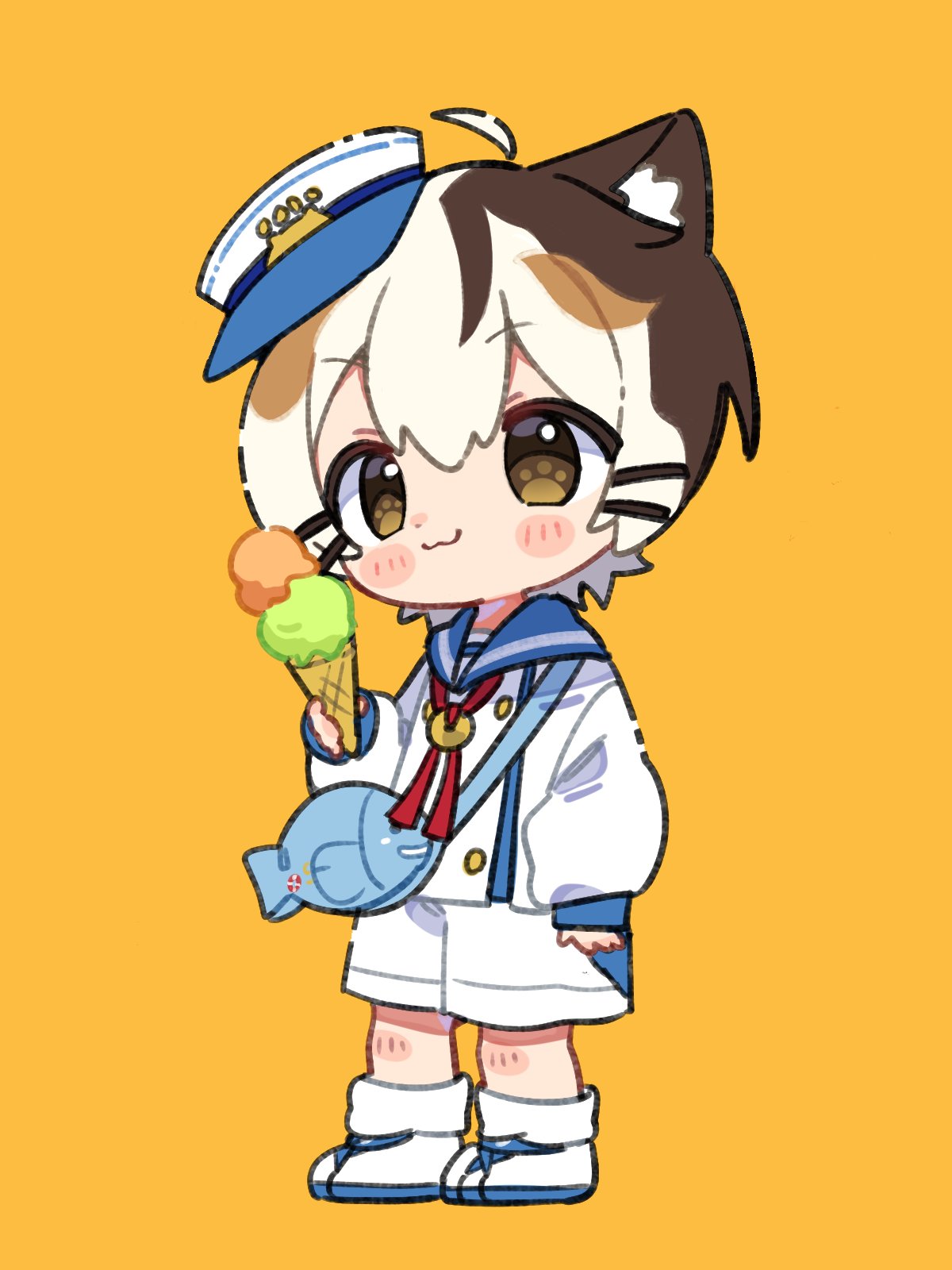 1boy, :3, ahoge, animal_ear_fluff, animal_ears, bag, blue_hat, blue_sailor_collar