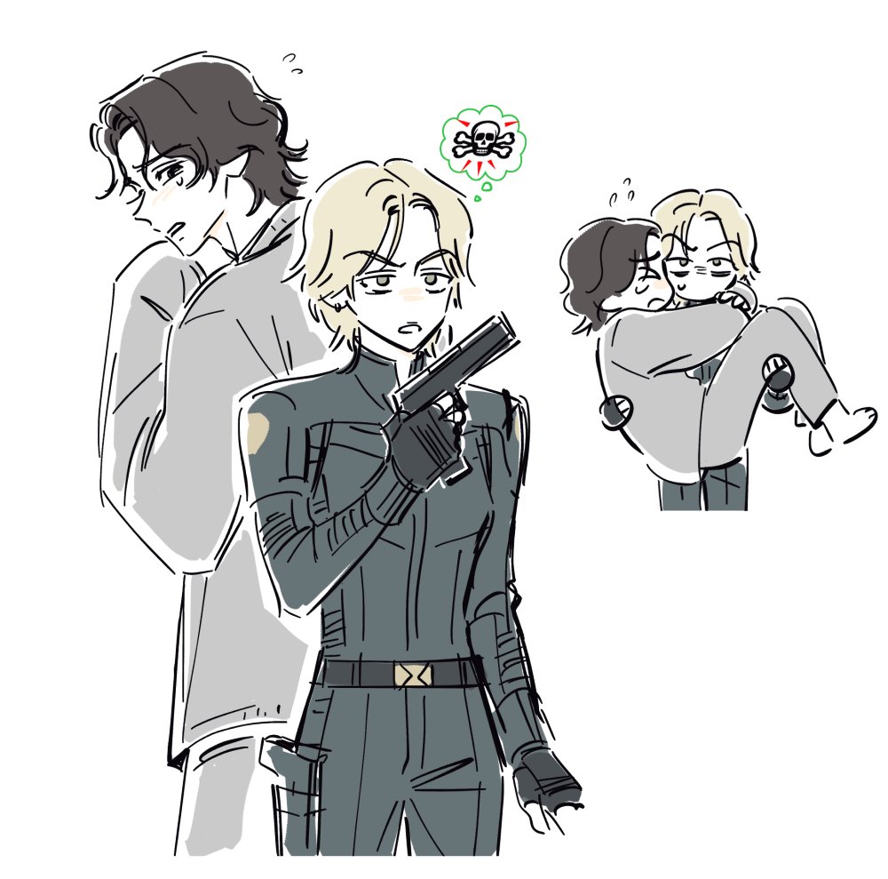 >_<, 1boy, 1girl, animification, back-to-back, belt, black_belt, black_eyes, black_gloves, black_hair, blonde_hair, bodysuit, carrying, closed_eyes, commentary_request, cowboy_shot, earrings, fingerless_gloves, flying_sweatdrops, gloves, green_bodysuit, grey_eyes, grey_pants, grey_shirt, gun, half-closed_eyes, hand_up, handgun, holding, holding_gun, holding_weapon, jewelry, korean_commentary, looking_at_another, looking_back, looking_to_the_side, mandarin_collar, marvel, marvel_cinematic_universe, multiple_views, no_mouth, open_mouth, pants, pocket, princess_carry, sentry_(marvel), shirt, short_hair, simple_background, skdlfjgrp, skull_and_crossbones, speech_bubble, standing, superhero_costume, tearing_up, thought_bubble, thunderbolts_(film), weapon, white_background, wide_sleeves, yelena_belova