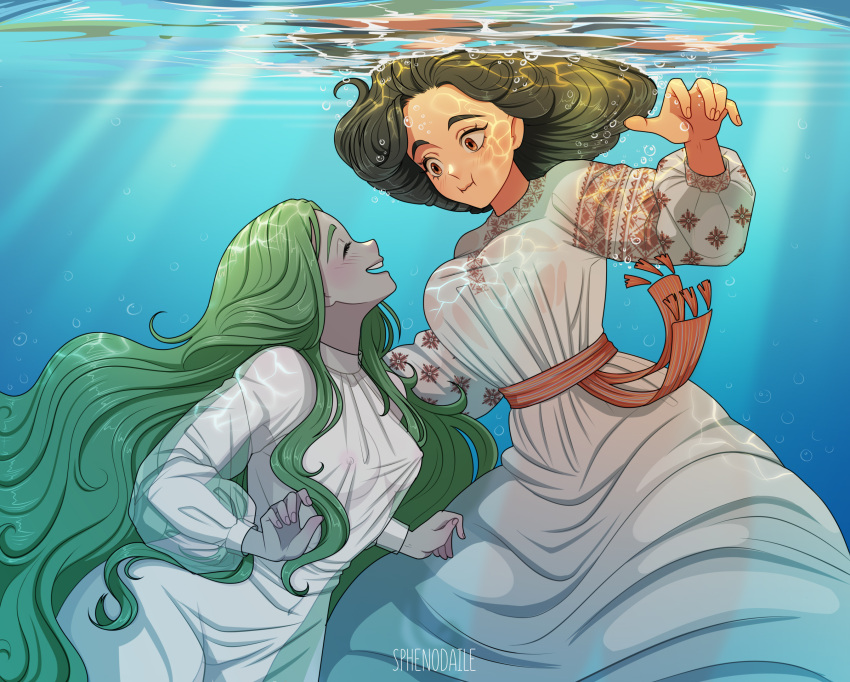 2girls, air_bubble, bubble, closed_mouth, highres, holding_breath, long_hair, long_sleeves