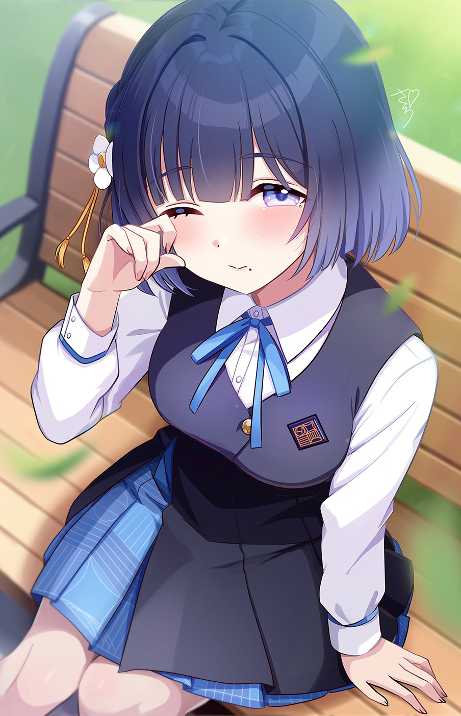 1girl, anime, bench, blurry_background, blush, breasts, character_request, cleavage, copyright_request, highres, leaf, looking_at_viewer, masterpiece, mole, mole_under_mouth, pov, purple_eyes, short_hair, sitting, skirt, smile, solo, styler_mimi