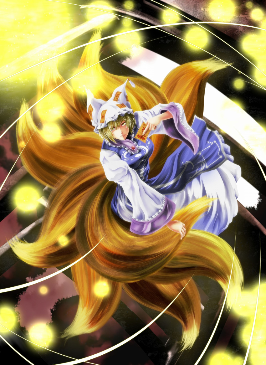 absurdres, blonde_hair, danmaku, fox_tail, hat, highres, lips, multiple_tails