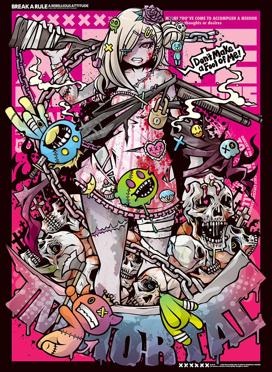 1girl, bandages, belt_chain, blood, bullet_hole, chain, colored_skin, cracked_skull