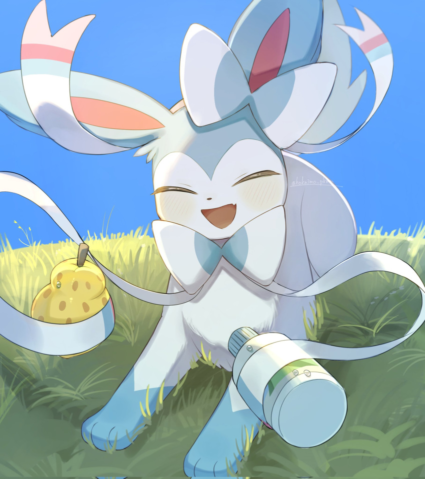 alternate_color, berry_(pokemon), blue_sky, blush, bottle, bow, closed_eyes, commentary, fang, food, fresh_water_(pokemon), grass, highres, hokaimo_pkmn, holding, holding_bottle, holding_food, no_humans, odaibako, on_grass, open_mouth, outdoors, pokemon, pokemon_(creature), ribbon, shiny_pokemon, sitrus_berry, sitting, skin_fang, sky, smile, solo, sylveon, water_bottle
