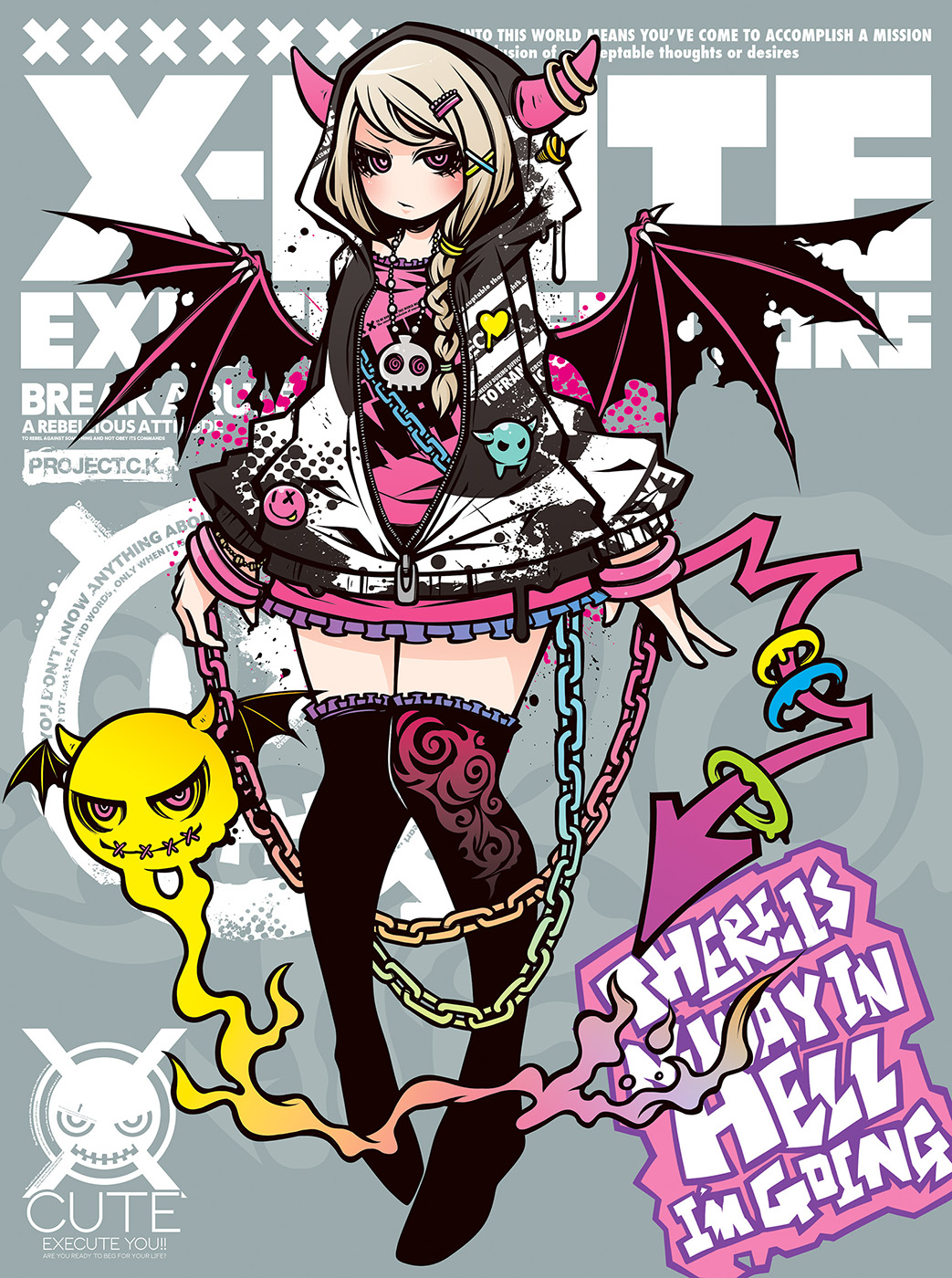 1girl, bat_wings, belt_chain, blonde_hair, chain, decora, demon_boy, demon_girl