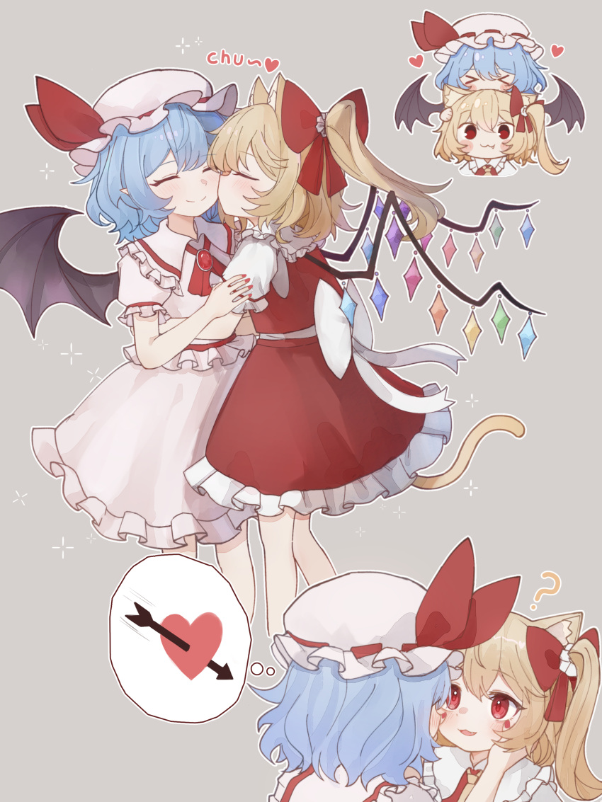 >_<, 2girls, :3, ?, absurdres, animal_ear_fluff, animal_ears, arrow_through_heart, ascot, bat_wings, biting, biting_head, blonde_hair, blue_hair, bow, cat_ears, cat_tail, closed_eyes, collared_shirt, commentary, fang, fang_out, flandre_scarlet, frilled_shirt_collar, frills, grey_background, hair_bow, hands_on_another's_cheeks, hands_on_another's_face, hat, hat_ribbon, highres, incest, kemonomimi_mode, kiss, kissing_cheek, long_hair, mob_cap, multiple_girls, multiple_views, pink_hat, pink_shirt, pink_skirt, puffy_short_sleeves, puffy_sleeves, red_ascot, red_bow, red_nails, red_ribbon, red_vest, remilia_scarlet, ribbon, shirt, short_hair, short_sleeves, skirt, smile, speech_bubble, symbol-only_commentary, tail, thought_bubble, touhou, vest, wings, yellow_ascot, yuri, yuuneka