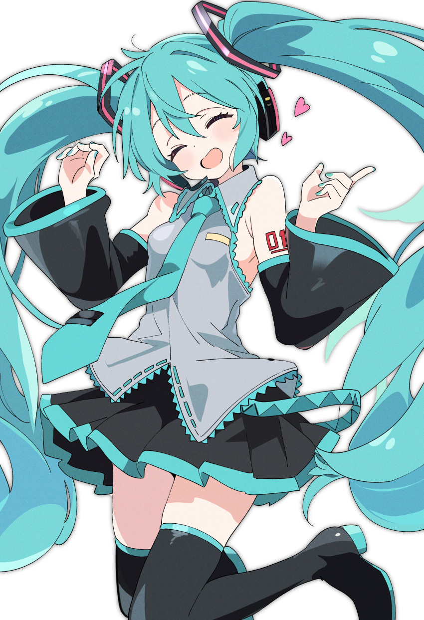 1girl, :d, ^_^, absurdres, aqua_hair, aqua_nails, aqua_necktie, arm_tattoo, bare_shoulders, black_shoes, black_skirt, black_sleeves, blue_necktie, blush, boots, breasts, closed_eyes, collared_shirt, detached_sleeves, facing_viewer, grey_shirt, hair_between_eyes, hair_ornament, hands_up, happy, hatsune_miku, headphones, headset, heart, highres, hutaba_haru, index_finger_raised, jumping, long_hair, miniskirt, nail_polish, necktie, number_tattoo, open_mouth, pleated_skirt, shirt, shoes, shoulder_tattoo, simple_background, skirt, sleeveless, sleeveless_shirt, smile, solo, tattoo, thigh-highs, thigh_boots, tie_clip, twintails, very_long_hair, vocaloid, white_background, wide_sleeves, zettai_ryouiki