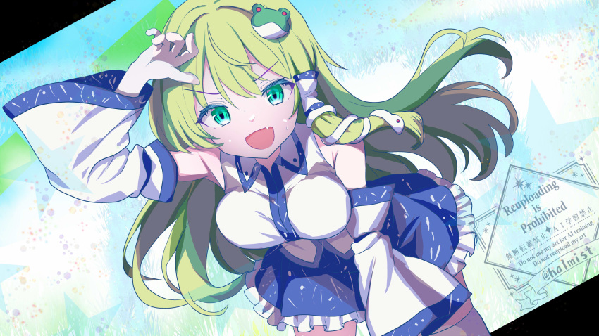 1girl, :d, bare_shoulders, blue_skirt, breasts, collared_shirt, detached_sleeves, dot_nose, double-parted_bangs, facing_viewer, fang, frilled_skirt, frills, frog_hair_ornament, green_eyes, green_hair, hair_intakes, hair_ornament, hair_tubes, halmist, highres, kochiya_sanae, large_breasts, leaning_forward, long_hair, long_sleeves, looking_at_viewer, open_mouth, patterned_clothing, print_skirt, shirt, single_hair_tube, single_sidelock, skirt, skirt_set, sleeve_ribbon, sleeveless, sleeveless_shirt, smile, snake_hair_ornament, solo, sweatdrop, touhou, upper_body, watermark, wide_sleeves