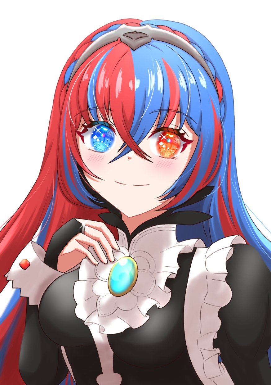 1girl, apron, bib_collar, black_bridal_gauntlets, black_dress, blue_eyes, blue_hair, blush