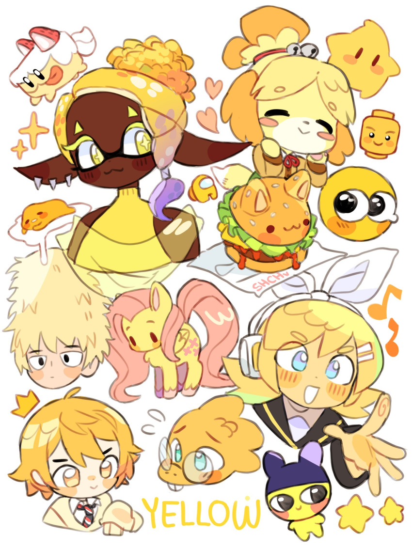 +_+, 2boys, 4girls, :>, :3, :d, ^_^, ahoge