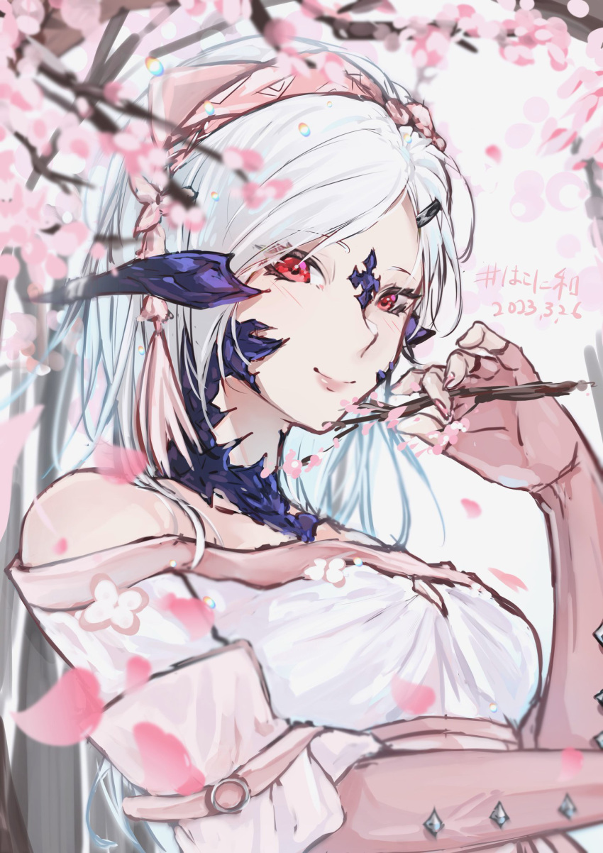 1girl, au_ra, backward_facing_horns, bow, branch, cherry_blossoms, closed_mouth, dated