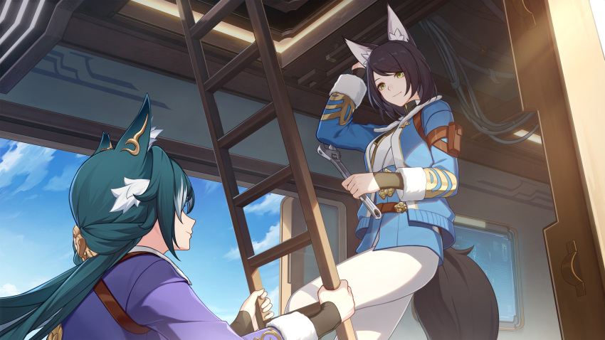 2girls, absurdres, animal_ear_fluff, animal_ears, arm_pouch, bad_link, belt, black_hair