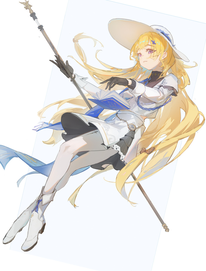1girl, black_gloves, blonde_hair, boots, commentary, full_body, gloves, guozhi_jeilcy, hair_ornament, hat, highres, holding, holding_staff, long_hair, long_sleeves, looking_ahead, pantyhose, phoebe_(wuthering_waves), shirt, skirt, solo, staff, tacet_mark_(wuthering_waves), very_long_hair, violet_eyes, white_boots, white_hat, white_pantyhose, white_shirt, white_skirt, wuthering_waves, x_hair_ornament