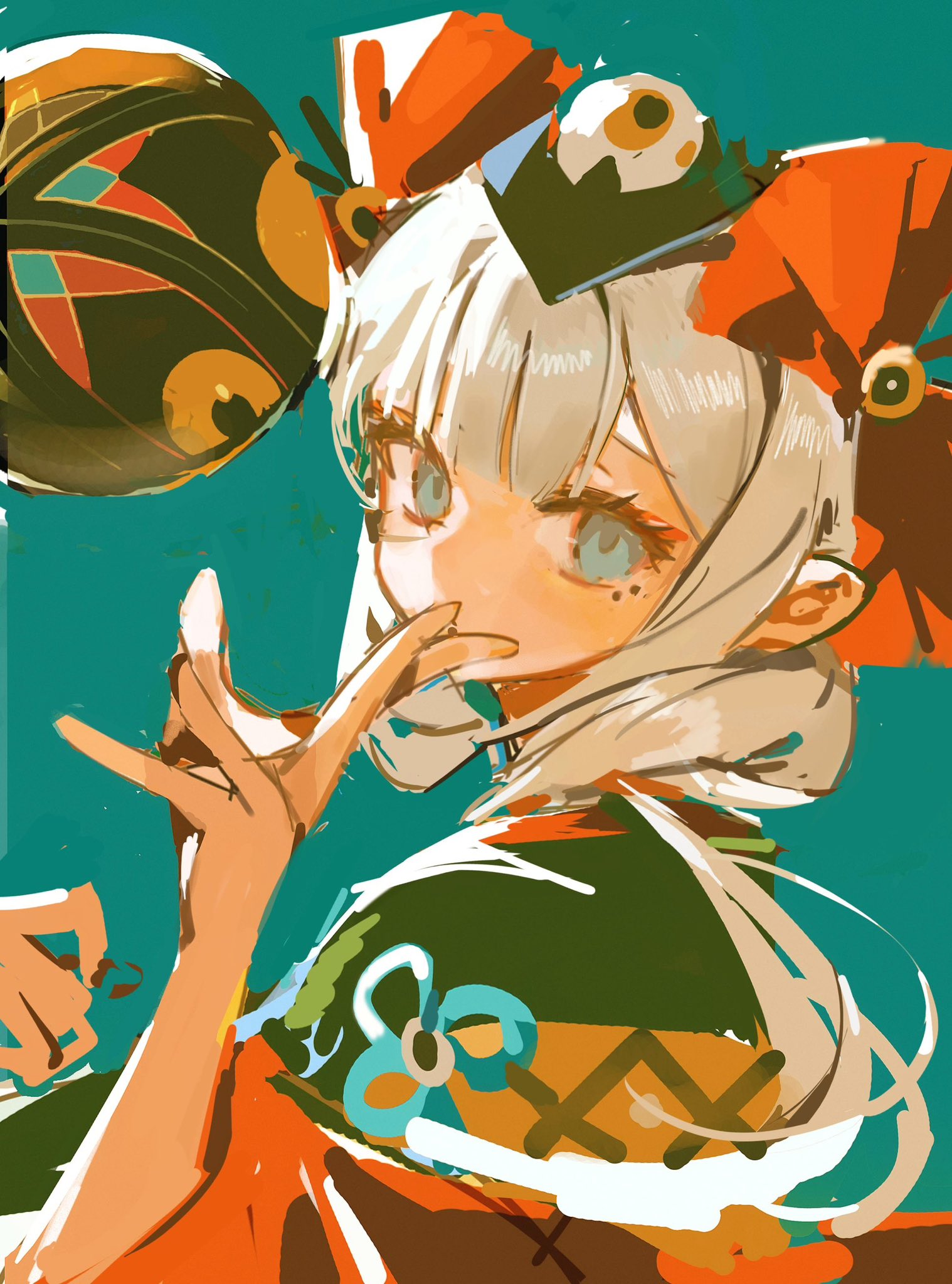 1girl, ball, blue_background, blue_eyes, bow, chinese_clothes, covered_mouth, doumeki_(onmyoji)