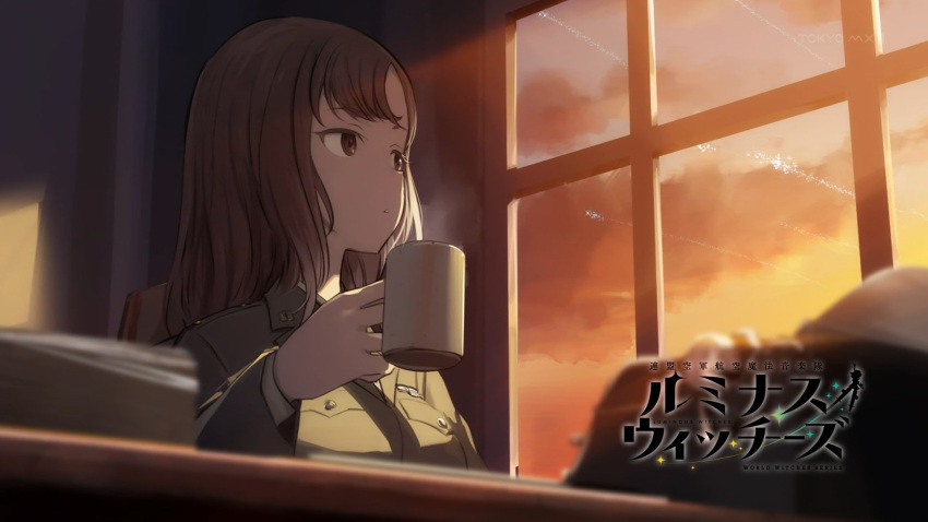 1girl, brown_eyes, brown_hair, chair, clouds, cup, grace_maitland_steward, green_jacket