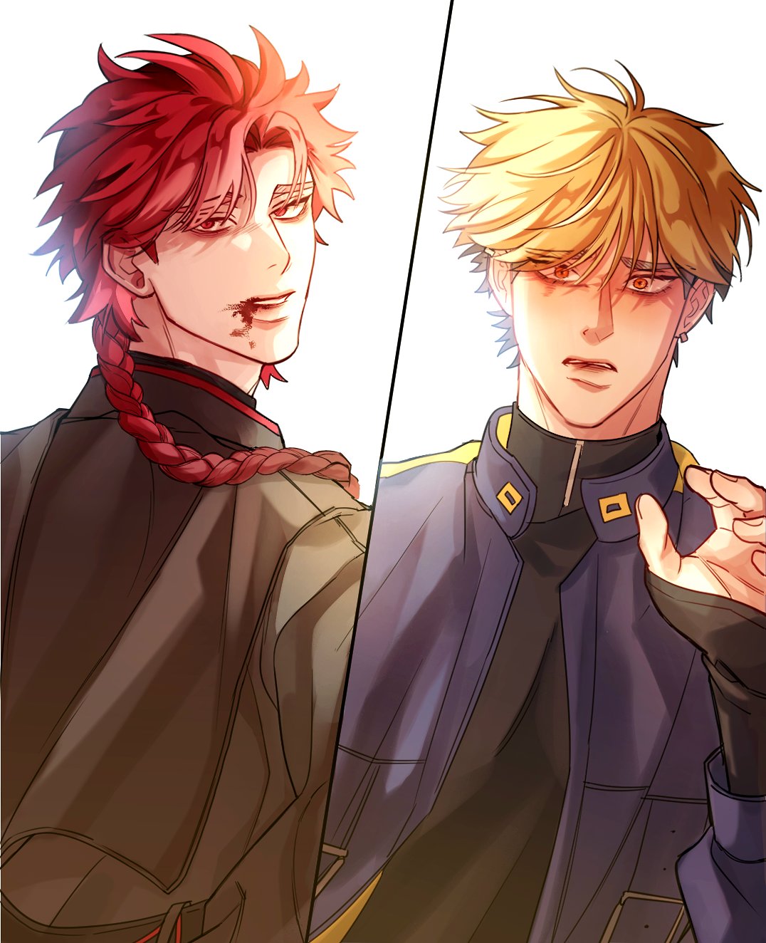 2boys, ankko0823, black_hair, black_jacket, black_shirt, blonde_hair, blood, blood_from_mouth