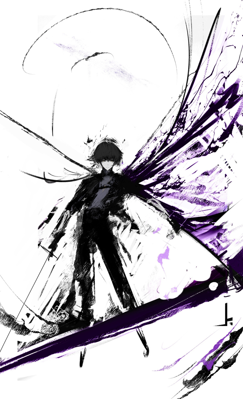 1boy, absurdres, black_hair, black_pants, closed_mouth, full_body, highres, holding