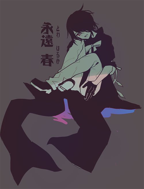 1beatheart, 1bitheart, 1boy, black_gloves, black_hair, gloves, haruka_towa, miwasiba, partially_colored, ribbon, simple_background, sitting, white_ribbon