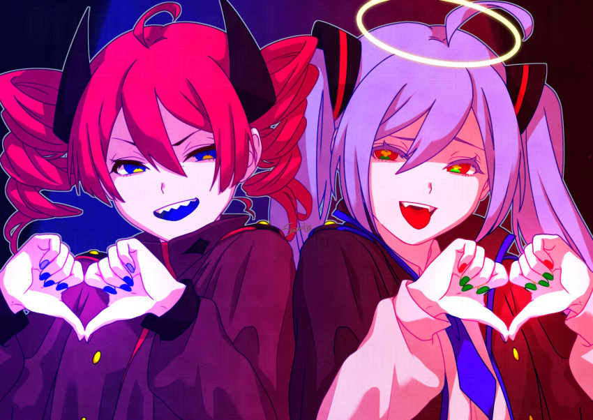 2girls, ahoge, alternate_costume, alternate_eye_color, black_background, black_jacket, blue_eyes, blue_hair