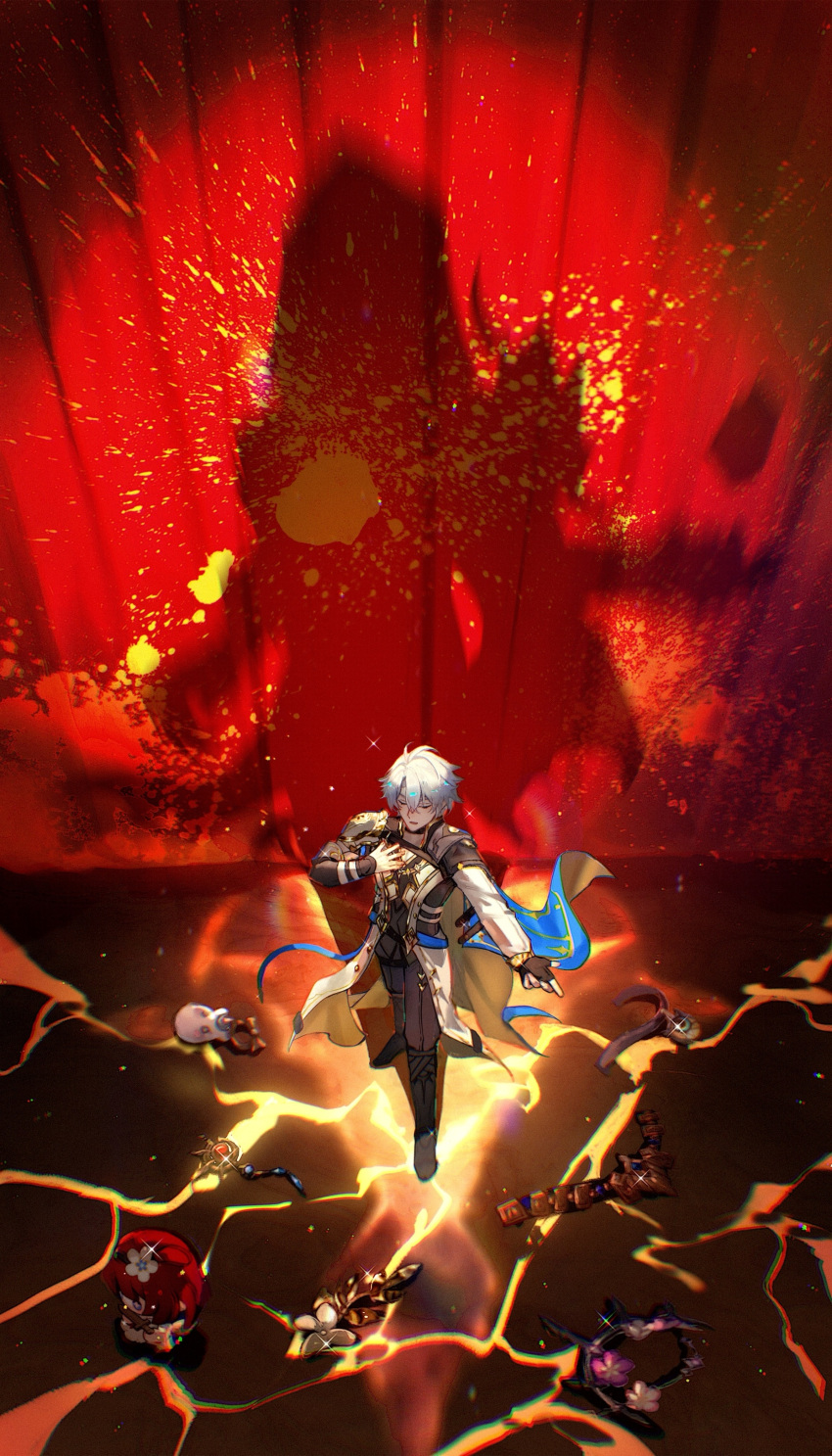 1923rash, 1boy, absurdres, antenna_hair, black_gloves, black_pants, black_shirt, blue_cape, cape, chinese_commentary, closed_eyes, coat, commentary_request, crack, cracked_floor, dark_persona, different_shadow, dual_persona, fingerless_gloves, flame_reaver_of_the_deepest_dark, gloves, hair_between_eyes, hand_on_own_chest, highres, honkai:_star_rail, honkai_(series), male_focus, pants, phainon_(honkai:_star_rail), shirt, short_hair, single_glove, solo, spotlight, standing, thigh_strap, white_coat, white_hair