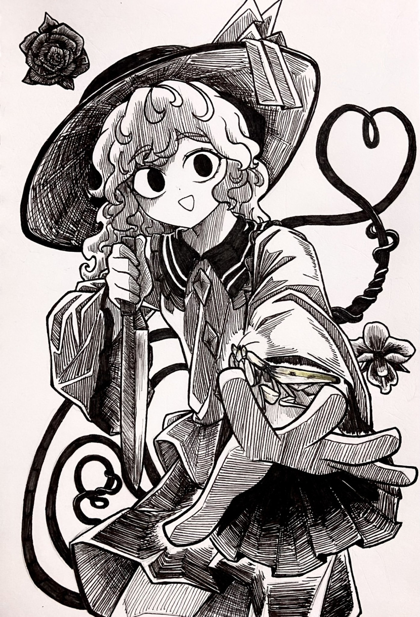 1girl, agaribito_snail, black_hat, buttons, diamond_button, eyeball, flower, frilled_shirt_collar