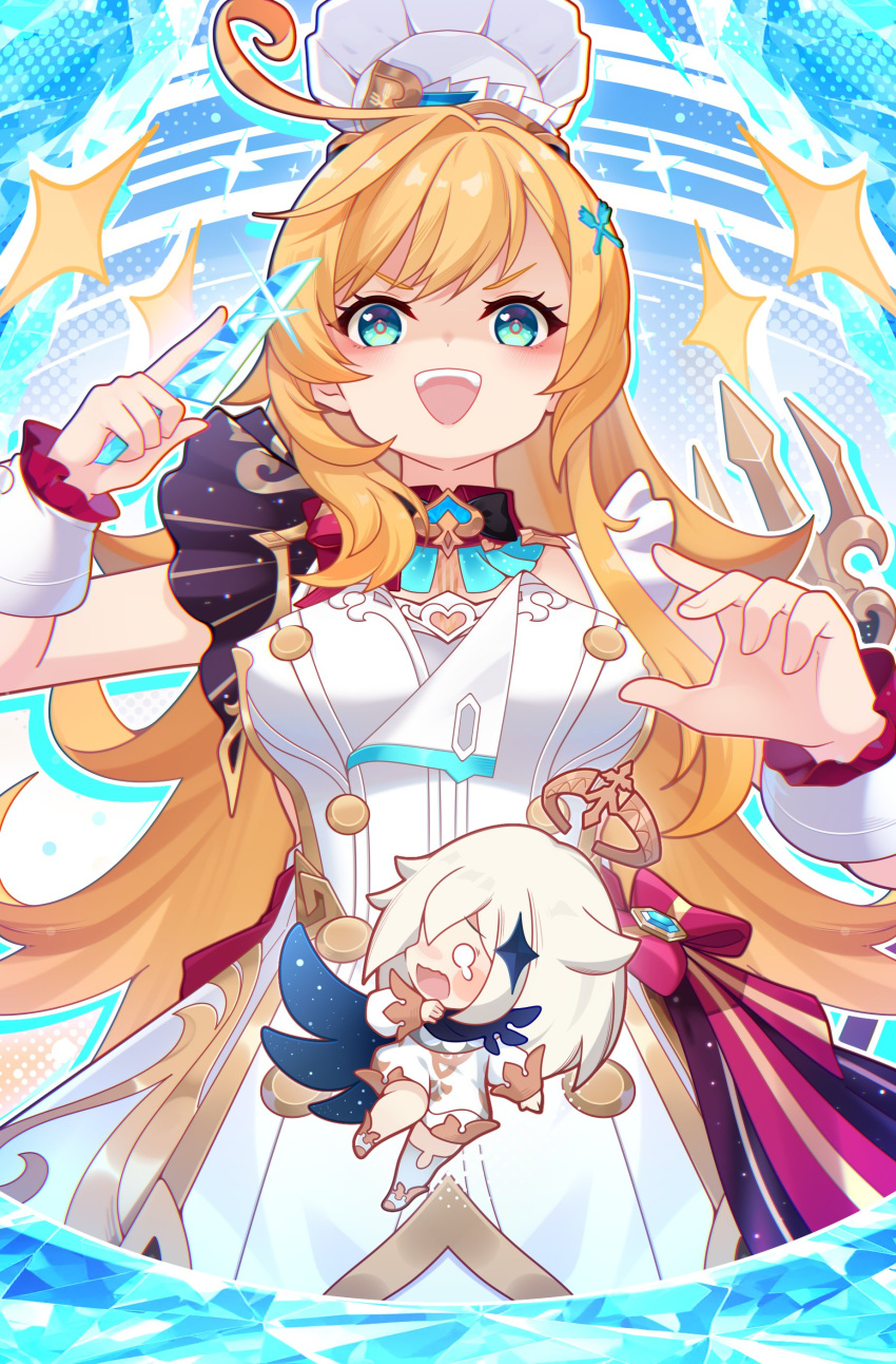 absurdres, ahoge, blonde_hair, chef_hat, escoffier_(genshin_impact), four-pointed_star, genshin_impact, green_eyes