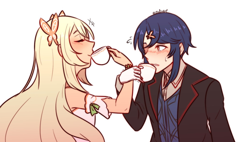 1boy, 1girl, alcryst_(fire_emblem), blonde_hair, blue_hair, butterfly_hair_ornament, celine_(fire_emblem), cup