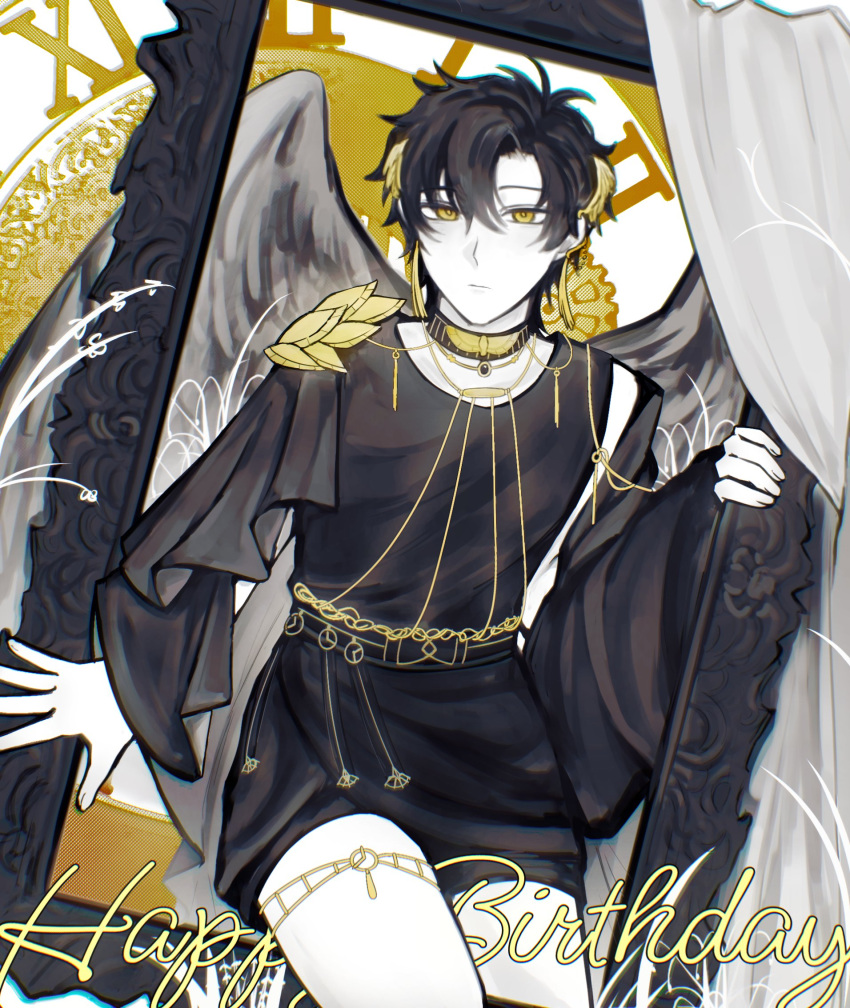 1boy, ancient_greek_clothes, angel, angel_wings, armor, bishounen, black_cape, black_hair, black_shirt, black_shorts, cape, chain, cheng_xiaoshi, cheng_xiaoshi_(angel), choker, closed_mouth, curtains, earrings, empty_picture_frame, eugene04175464, feathered_wings, gold_chain, greco-roman_clothes, grey_wings, happy_birthday, head_wings, highres, holding, holding_picture_frame, jewelry, long_sleeves, looking_at_viewer, male_focus, monochrome, neck_ring, necklace, official_alternate_costume, picture_frame, shiguang_dailiren, shirt, short_hair, shorts, shoulder_armor, sleeveless, sleeveless_shirt, solo, spot_color, tassel, tassel_earrings, thighlet, wings, yellow_eyes