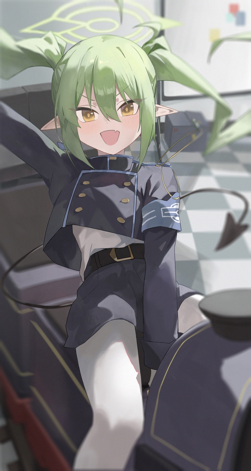 1girl, alone_(user_pafj5434), between_legs, blue_archive, blue_jacket, blue_shorts, demon_girl, demon_tail