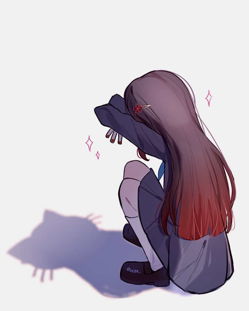 1girl, black_jacket, black_shoes, black_skirt, blazer, blue_ribbon, cat_shadow_puppet_(meme), flower_hairpin