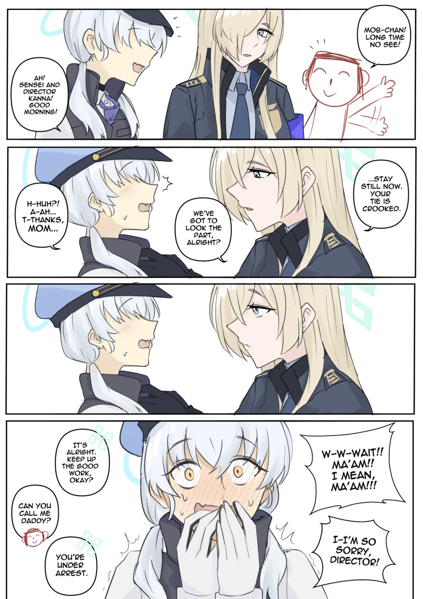 1boy, 2girls, blonde_hair, blue_archive, comic, doodle_sensei_(blue_archive), embarrassed, english_text, expressionless, freudian_slip, hat, highres, kanna_(blue_archive), long_hair, maven_(madeinheaven_23), multiple_girls, necktie, police, police_hat, police_uniform, policewoman, sensei_(blue_archive), valkyrie_police_academy_student_(blue_archive), waving, white_hair