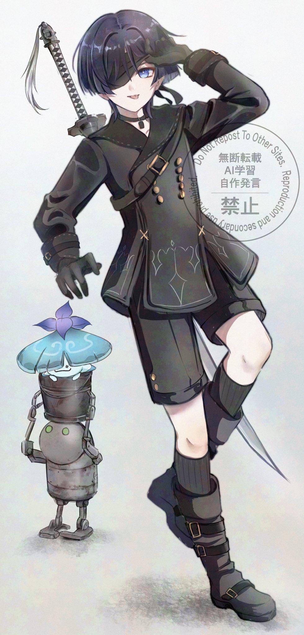 1boy, 9s_(nier:automata), 9s_(nier:automata)_(cosplay), alternate_costume, aranara_(genshin_impact), ararycan_(genshin_impact), arm_at_side, arm_up