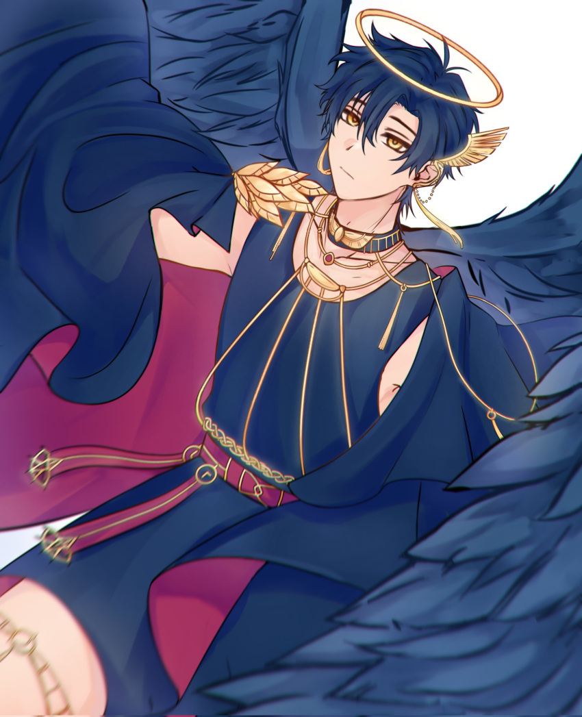 1boy, ancient_greek_clothes, angel, angel_wings, armor, belt, black_cape, black_hair
