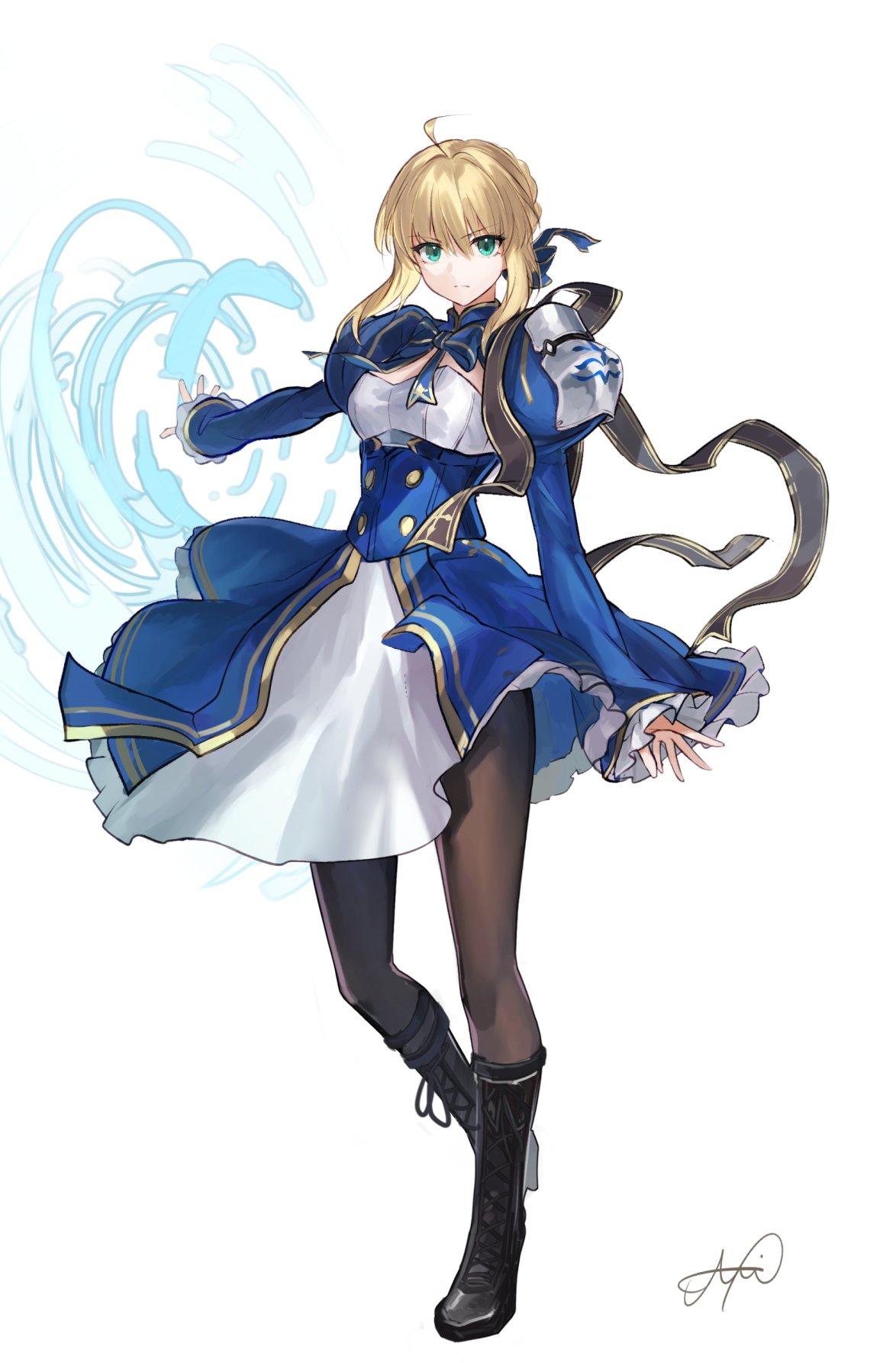 1girl, ahoge, armor, artoria_pendragon_(fate), black_boots, blonde_hair, blue_dress, blue_ribbon