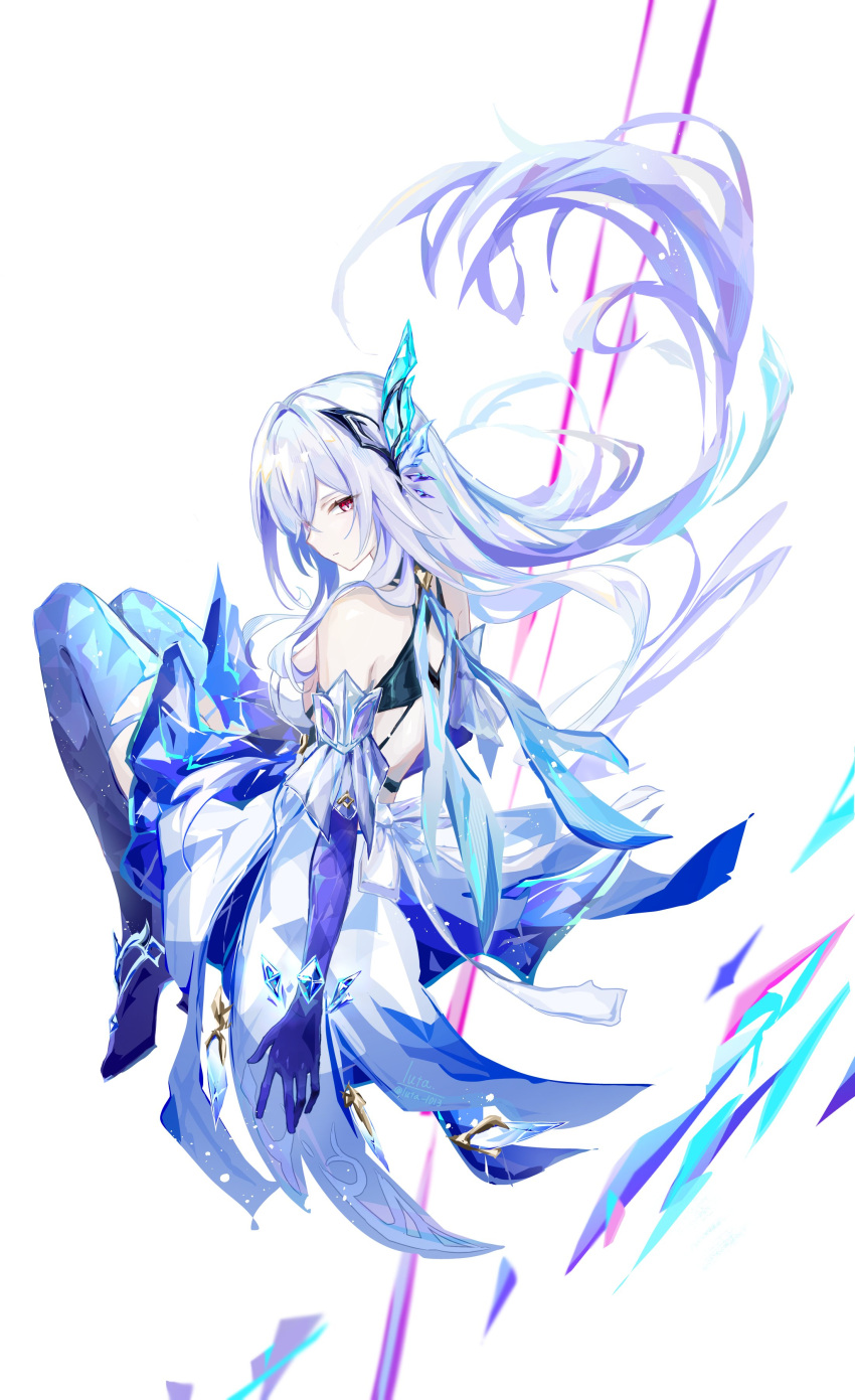1girl, absurdres, aqua_hair, bare_shoulders, closed_mouth, crossed_bangs, dress, genshin_impact, hair_between_eyes, highres, long_hair, looking_back, luta_(luta_1013), multicolored_hair, purple_hair, red_eyes, skirk_(genshin_impact), solo, two-tone_hair, white_background, white_dress