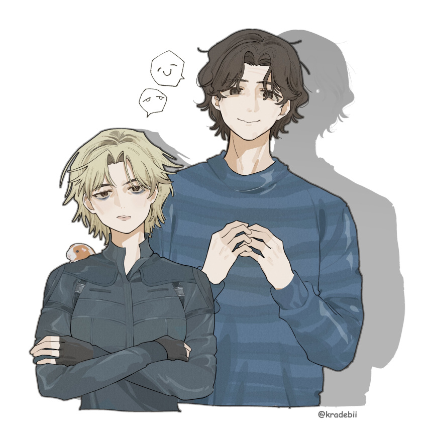 1boy, 1girl, absurdres, black_gloves, blonde_hair, bodysuit, brown_hair, fingerless_gloves