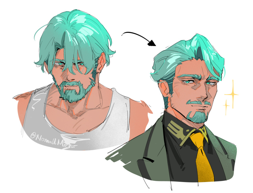 1boy, aqua_eyes, aqua_hair, arrow_(symbol), artist_name, beard, challia_bull, commentary