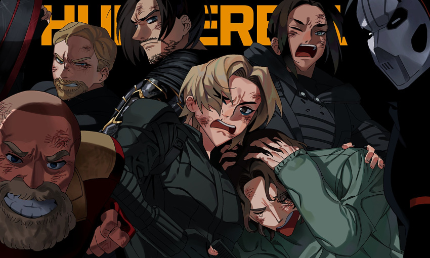 beard, belt, black_gloves, black_hair, blonde_hair, bodysuit, brown_hair, bucky_barnes, closed_mouth, facial_hair, fingerless_gloves, ghost_(marvel), gloves, gun, highres, jewelry, john_walker, looking_at_viewer, marvel, marvel_cinematic_universe, mask, os4_54, red_guardian_(marvel), sentry_(marvel), shield, short_hair, simple_background, smile, superhero_costume, tears, thunderbolts_(film), weapon, yelena_belova