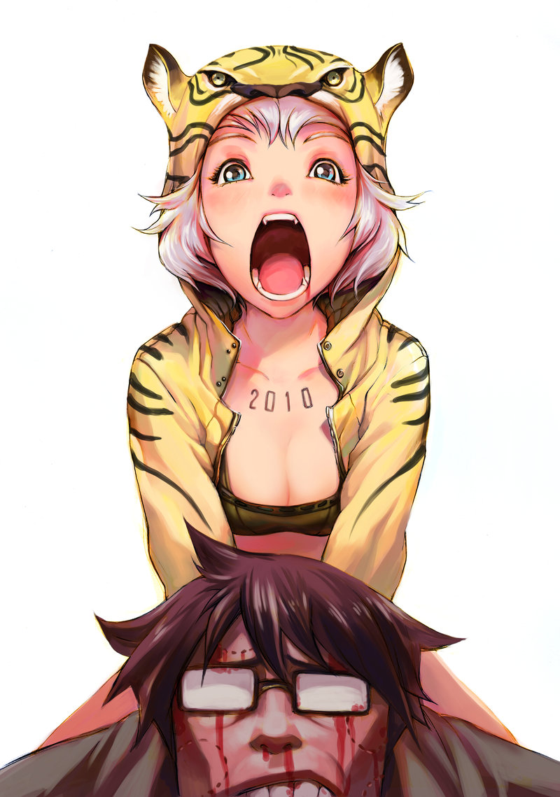 animal_costume, bandeau, bite_mark, blood, blue_eyes, breasts, brown_hair, cleavage