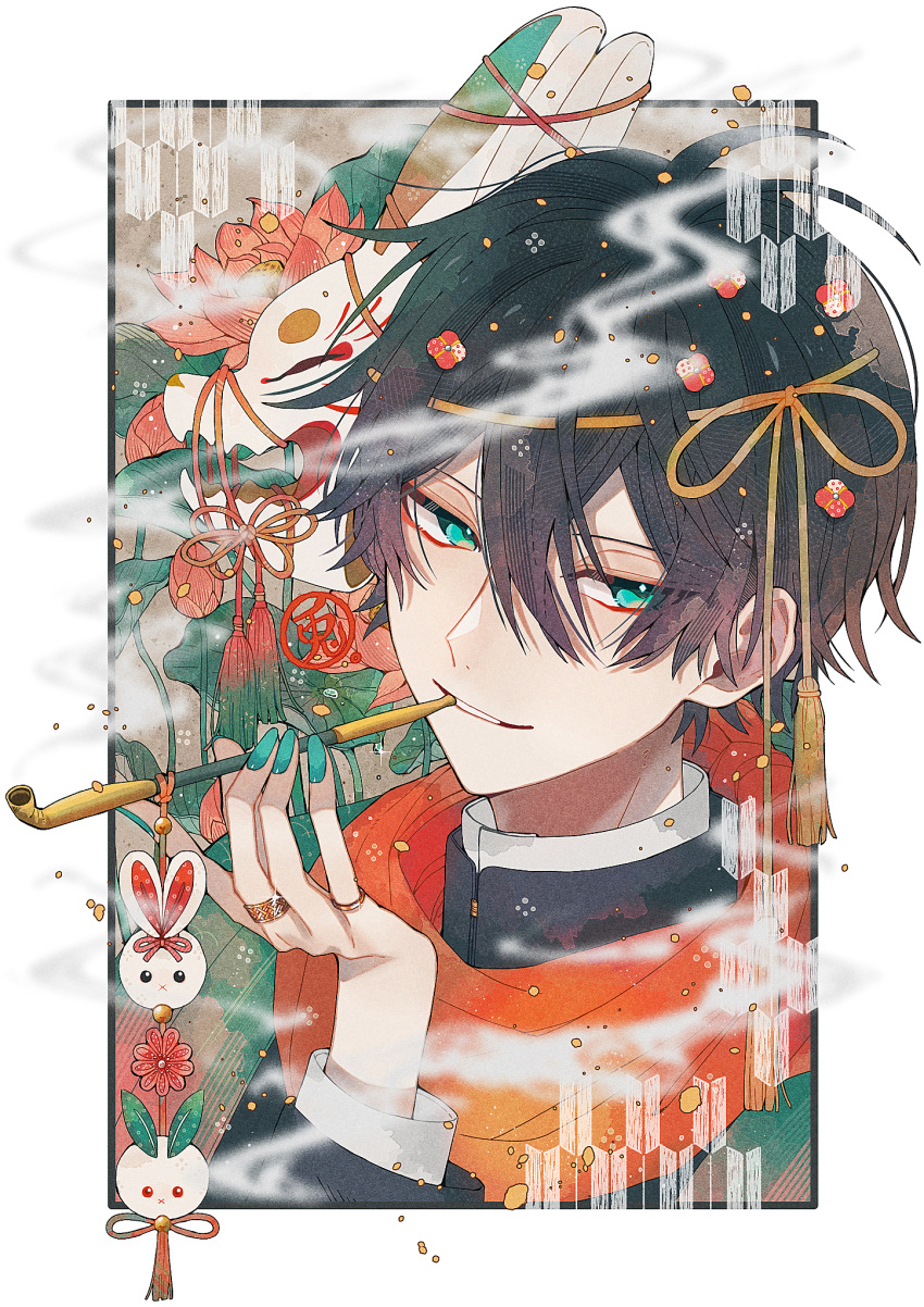 1boy, black_hair, collared_shirt, flower, gold_ring, green_eyes, green_nails, hair_between_eyes