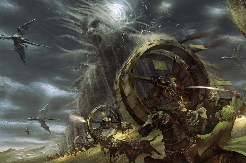 battle, cavalry, cloudy_sky, dragon, firing, horse, noba, pixiv_fantasia