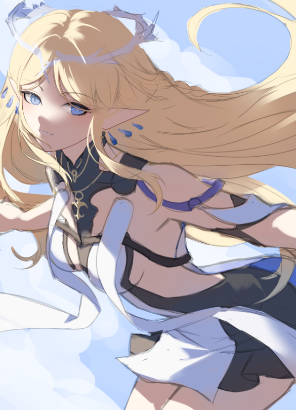 1girl, blonde_hair, blue_eyes, breasts, cartethyia_(wuthering_waves), crown_of_thorns, dress, grin, i_a_n, long_hair, pointy_ears, sideboob, small_breasts, smile, solo, teeth, white_dress, wuthering_waves