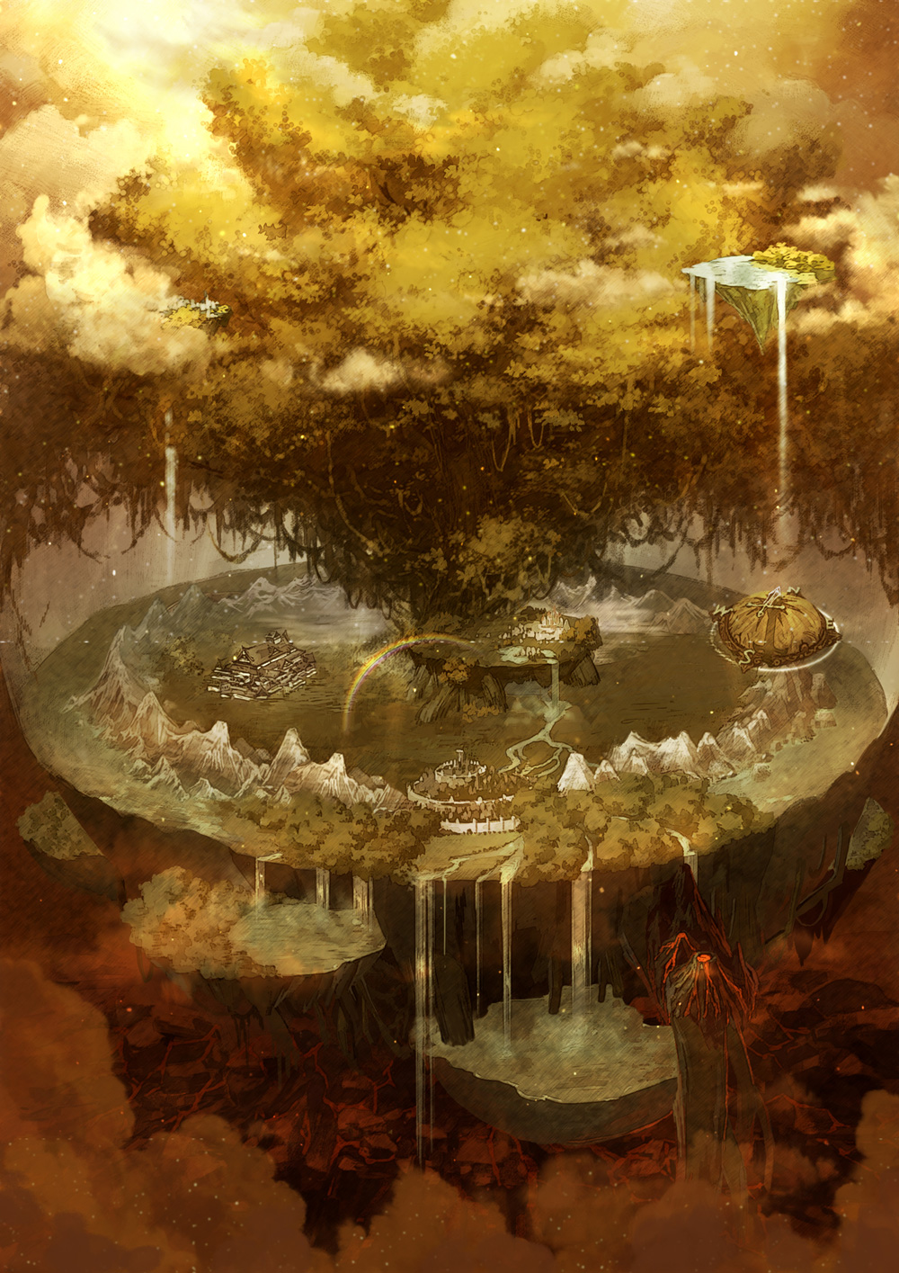 fantasy, floating_island, highres, no_humans, rainbow, scenery, sky, star_(sky), starry_sky, tree, volcano, water, waterfall, yggdrasil, yuanmaru