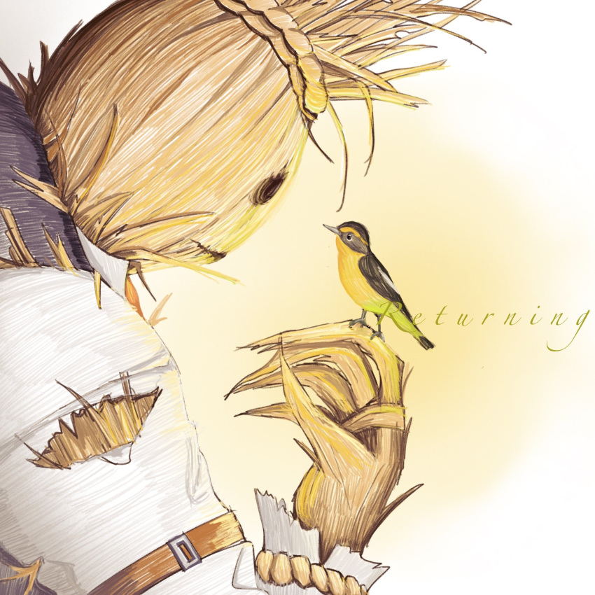 1boy, arm_belt, bird, bird_on_hand, black_vest, english_text, from_side, gradient_background, hand_up, highres, looking_at_animal, male_focus, moon10, rabies_(reverse:1999), reverse:1999, scarecrow, shirt, simple_background, solo, torn_clothes, torn_shirt, upper_body, vest, white_shirt