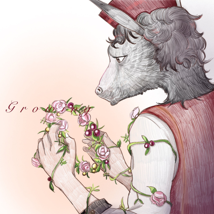 1boy, animal_head, donkey_head, english_text, flower, from_side, gradient_background, hands_up