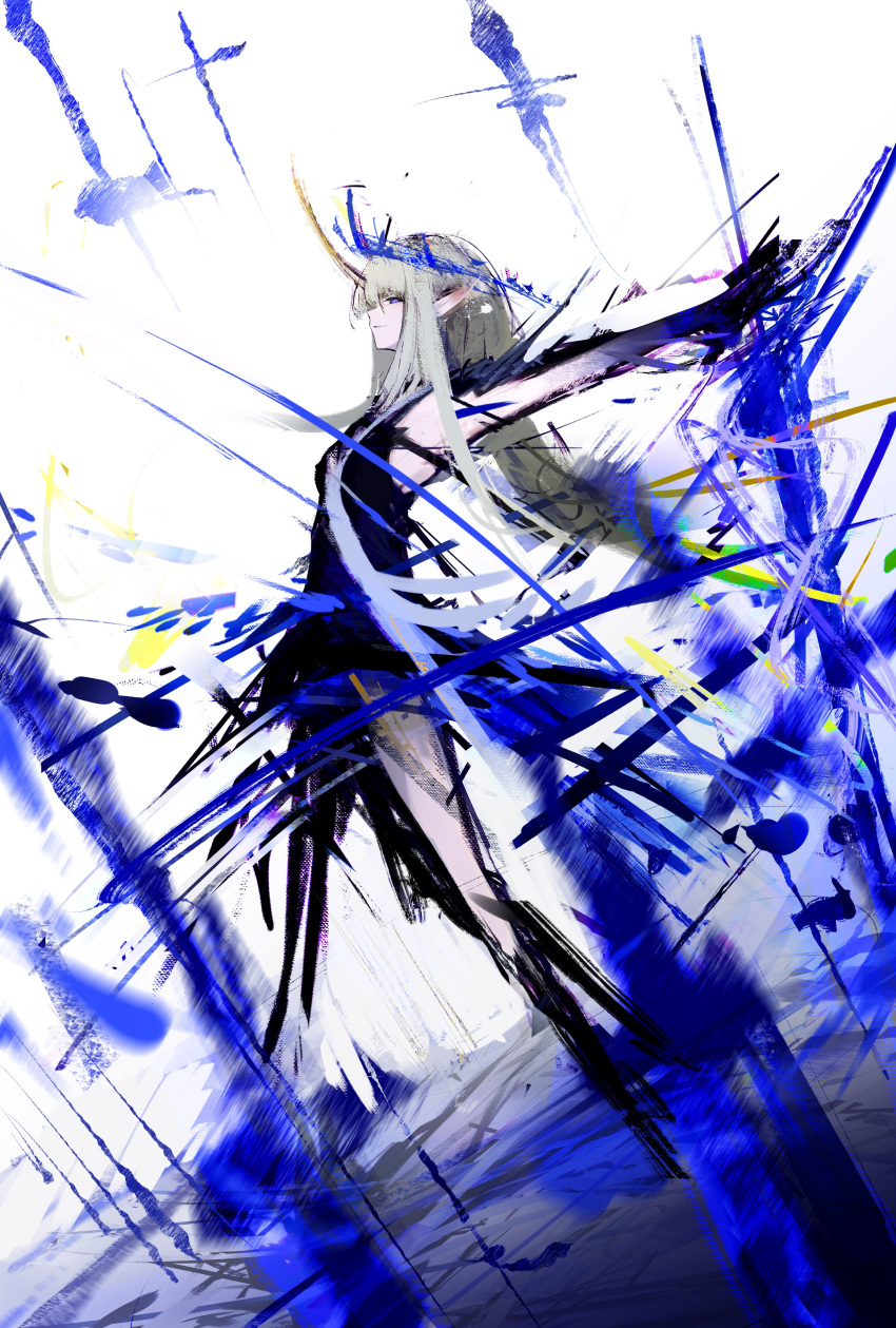 1girl, absurdres, black_dress, blonde_hair, closed_mouth, dress, fleurdelys_(wuthering_waves), full_body