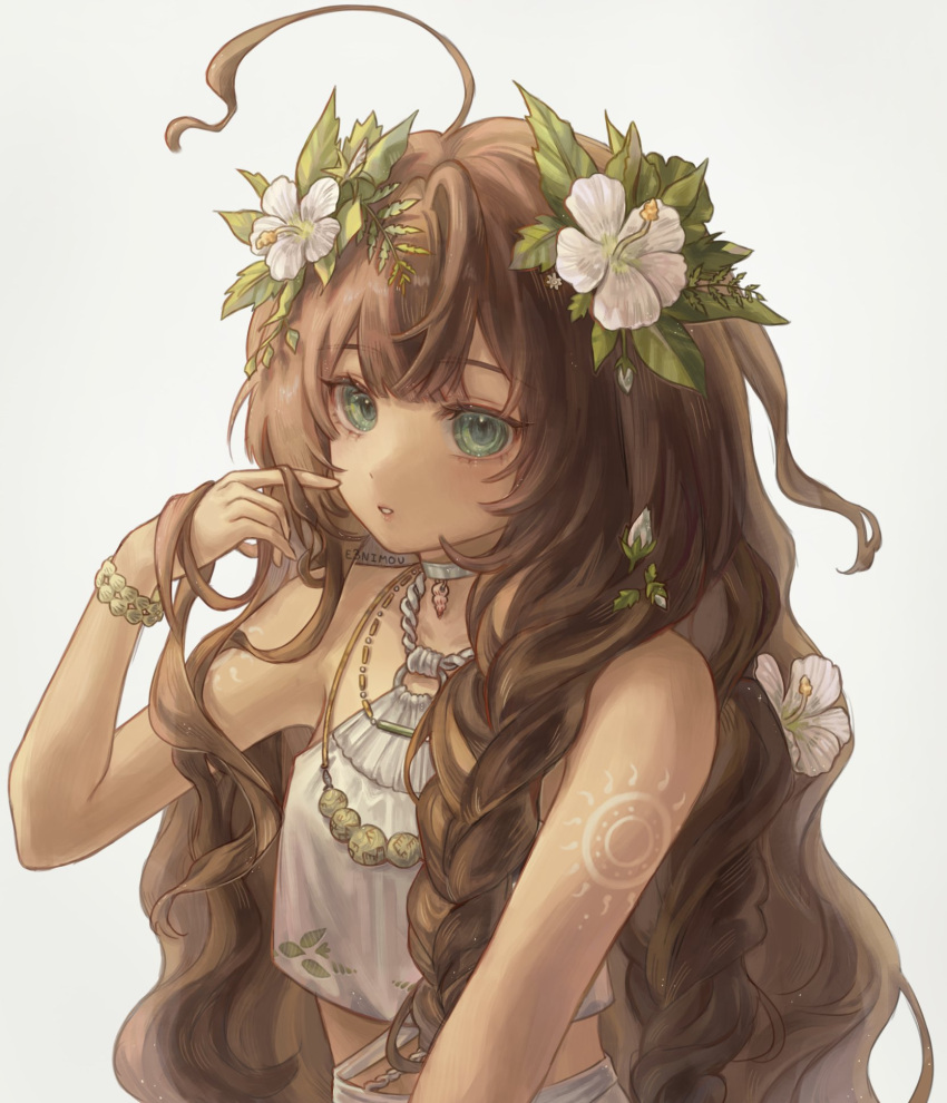 1girl, ahoge, bare_shoulders, blue_eyes, brown_hair, dark-skinned_female, dark_skin, fatutu, flower, hair_flower, hair_ornament, halter_shirt, halterneck, hand_in_own_hair, hibiscus, highres, holding, holding_own_hair, jewelry, leni, long_hair, looking_at_viewer, midriff, necklace, parted_lips, reverse:1999, shell, shell_bracelet, shell_necklace, shirt, shoulder_tattoo, sleeveless, sleeveless_shirt, solo, tattoo, upper_body, white_background, white_flower, white_shirt