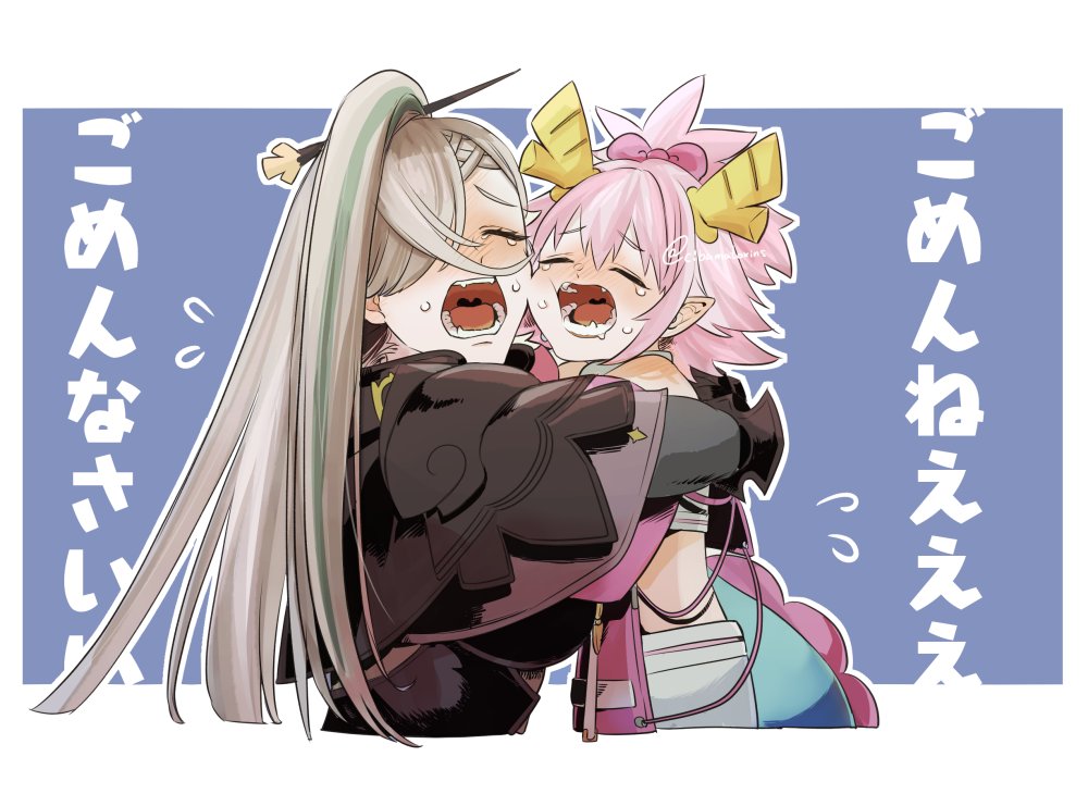 2girls, blonde_hair, breasts, cibamatoxins, commentary_request, dragon_horns, eliza_the_nine-tattooed_dragon_(fate), fate/grand_order, fate_(series), green_hair, hair_ornament, hair_stick, high_ponytail, horns, hug, huyan_zhuo_(fate), huyan_zhuo_(second_ascension)_(fate), large_breasts, multicolored_hair, multiple_girls, open_mouth, pink_eyes, pointy_ears, ponytail, streaked_hair, translation_request, two-tone_hair