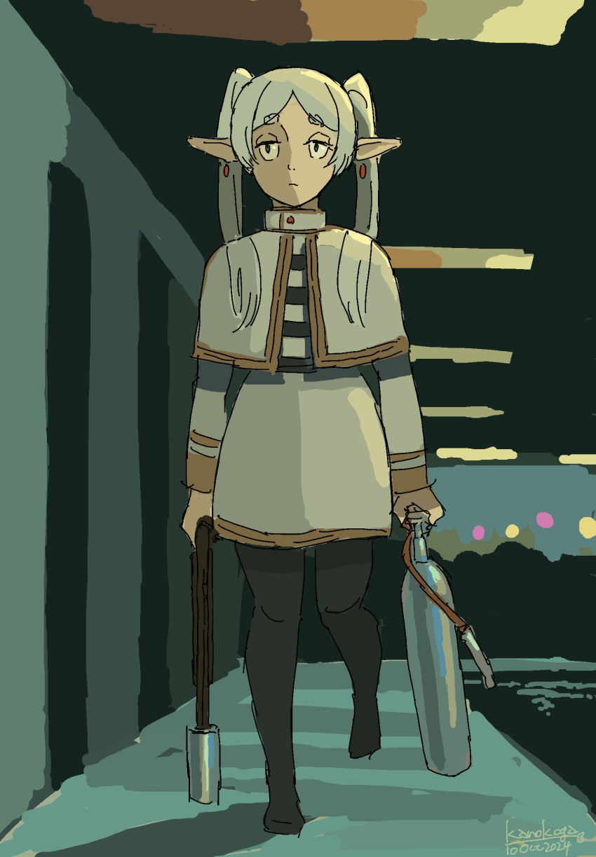 1girl, belt, black_belt, black_pantyhose, black_shirt, capelet, dated, elf